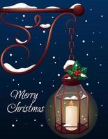 vrolijk Kerstmis groet kaart met nacht wijnoogst lantaarn, brandend kaars en hulst Aan sneeuw achtergrond vector