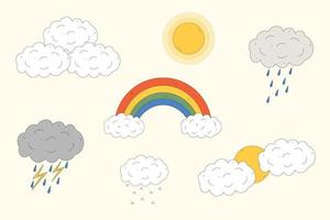 tekenfilm weer set. zon, wolk, regenen, bliksem, sneeuw. vector illustratie