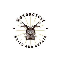 Op maat motorfiets etiket in wijnoogst stijl met opschrift en motor. motorfiets of fiets club met wit achtergrond geïsoleerd vector illustratie logo ontwerp sjabloon