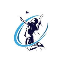 badminton jumping verpletteren illustratie logo ontwerp. modern gepassioneerd badminton speler in actie logo ontwerp sjabloon vector