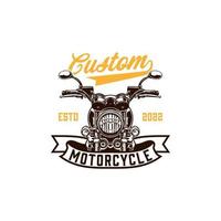 Op maat motorfiets etiket in wijnoogst stijl met opschrift en motor. motorfiets of fiets club met wit achtergrond geïsoleerd vector illustratie logo ontwerp sjabloon