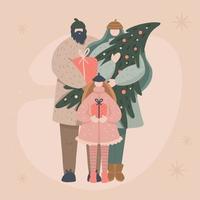 gelukkig familie buying en Holding Kerstmis boom en geschenken. een kind met vader en moeder Kerstmis viering. boodschappen doen Aan winter vakantie concept vector