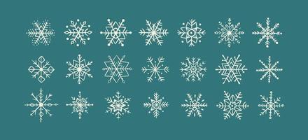 verzameling hand- getrokken sneeuwvlokken geïsoleerd Aan blauw achtergrond. sneeuwvlok tekening icoon vector