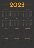 maandelijks muur verticaal kalender 2023 sjabloon in modieus minimalistische stijl, Hoes concept, 2023 minimaal kalender ontwerper ontwerp voor het drukken sjabloon in zwart en oranje, zwart thema vector
