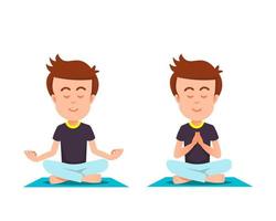 een jongen zittend Aan een mat met sommige yoga poses vector