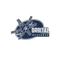 ruimte Onderzoek met orbital station retro icoon vector