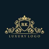 brief rk logo met luxe goud schild. elegantie logo vector sjabloon.