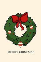 Kerstmis krans met boog en decoraties. ansichtkaart, poster sjabloon. vector illustratie