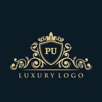 brief pu logo met luxe goud schild. elegantie logo vector sjabloon.
