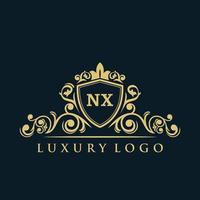 brief nx logo met luxe goud schild. elegantie logo vector sjabloon.