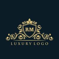 brief rm logo met luxe goud schild. elegantie logo vector sjabloon.