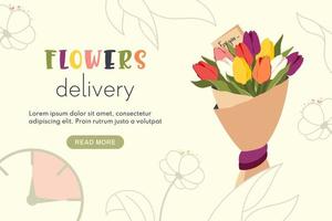 boeket van tulpen met romantisch bericht van de geadresseerde. floristisch onderhoud, snel bloemen levering. decoratie en bestellen bloem samenstelling. vector vlak illustratie voor geschenk, online bestellen