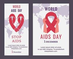 reeks van AIDS dag affiches, flyers. menselijk handen Holding rood AIDS lintje. bewustzijn van AIDS. ondersteuning voor hiv geïnfecteerde mensen. vector illustratie