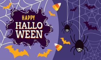 gelukkig halloween belettering met spinnen vector