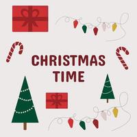 Kerstmis kaart met Kerstmis boom, geschenk, snoep riet, slinger en tekst Kerstmis tijd vector
