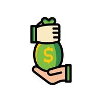 illustratie vector icoon vlak verdienen, munt, goud, hand, transactie, geld.