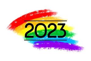 lgbt 2023 logo. vector vlak illustratie met hand- getrokken waterverf regenboog vlag.