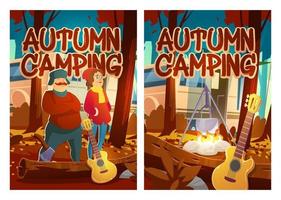 herfst camping tekenfilm affiches, toeristisch vakantie vector