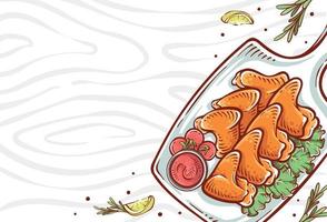 kip vleugel schotel illustratie top keer bekeken. kip hand getekend voedsel met citroen plakjes en kruiden in vol kleur. kleurrijk kip tekening vector ontwerp achtergrond
