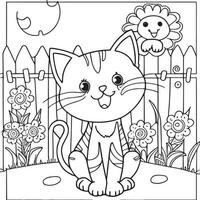 gelukkig kat spelen buiten. kleur boek voor kinderen. tekenfilm schets illustratie vector