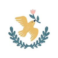 vrede duif vector logo - een wijnoogst handgemaakt icoon met vogel en krans in postzegel afdrukken stijl. wijnoogst vector illustratie.