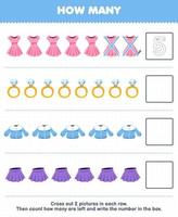 onderwijs spel voor kinderen tellen hoe veel schattig tekenfilm jurk ring blouse rok en schrijven de aantal in de doos afdrukbare draagbaar kleren werkblad vector