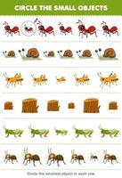 onderwijs spel voor kinderen cirkel de kleinste voorwerp in elk rij van schattig tekenfilm mier slak sprinkhaan hout log afdrukbare kever werkblad vector