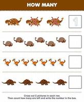 onderwijs spel voor kinderen tellen hoe veel schattig tekenfilm bruin dino en schrijven de aantal in de doos afdrukbare prehistorisch dinosaurus werkblad vector