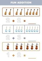 onderwijs spel voor kinderen pret toevoeging door tellen en traceren de aantal van tekenfilm gitaar bas viool afdrukbare muziek- instrument werkblad vector