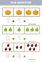 onderwijs spel voor kinderen pret toevoeging door tellen en traceren de aantal van schattig tekenfilm pompoen boerenkool yam afdrukbare groente werkblad vector