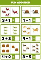 onderwijs spel voor kinderen pret toevoeging door tellen en som van schattig tekenfilm mier slak sprinkhaan hout log afdrukbare kever werkblad vector