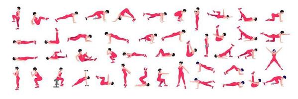 Dames training set. Dames oefening vector set. Dames aan het doen geschiktheid en yoga opdrachten. uitvalt, Opdrukken, hurken, halter rijen, burpees, kant planken, bilspieren brug, been salarisverhoging, Russisch twist .enz