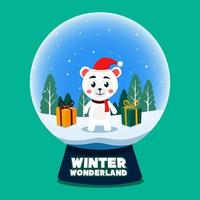 sneeuw wereldbol met polair beer en doos geschenk voor winter wonderland vector