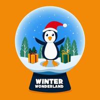 sneeuw wereldbol winter wonderland met pinguïn en geschenk doos vector