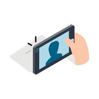 Mens nemen selfie foto Aan smartphone icoon vector