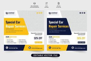 speciaal auto reparatie onderhoud korting sjabloon vector met geel en donker kleuren. auto- onderhoud onderhoud sociaal media post ontwerp voor marketing. voertuig beheer en schoonmaak onderhoud sjabloon