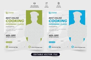 culinaire opleiding centrum advertentie poster ontwerp. online Koken klasse sociaal media post vector voor marketing. speciaal Koken klasse promotionele web banier ontwerp met blauw en donker kleuren.