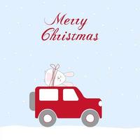 Kerstmis kaart ontwerp met een konijn Aan een rood auto.winter vakantie ontwerp voor ansichtkaarten, papier afdrukken, web spandoeken.2023 is de jaar van de konijn. vector illustratie