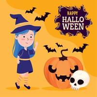 gelukkig halloween belettering met heks vector