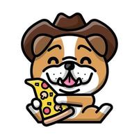 een schattig bulldog is Holding een plak van pizza tekenfilm illustratie vector