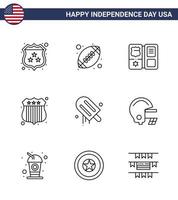 lijn pak van 9 Verenigde Staten van Amerika onafhankelijkheid dag symbolen van Amerikaans ijsje boek Verenigde Staten van Amerika Politie insigne bewerkbare Verenigde Staten van Amerika dag vector ontwerp elementen