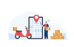 pakket levering personeel controle de levering plaats. bijhouden online levering gebruik makend van mobiel. illustratie vector