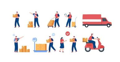 levering Mens koerier Diensten. koerier groep set. illustratie vector