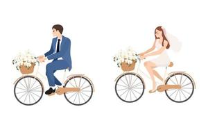 mooie jonge net getrouwd bruidspaar rit fiets geïsoleerd vector