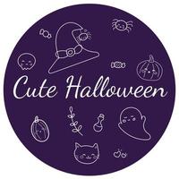 hand- getrokken schattig halloween tekenfilm stijl Aan Purper achtergrond. geïsoleerd hoed, pompoen, vertrekken, kat, snoep, spin. vector