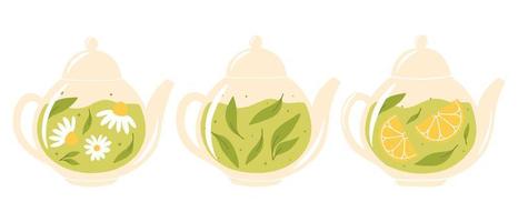 reeks van theepotten met thee. verzameling van theepotten met groente, kruiden en kamille thee. vector illustratie. vlak stijl.