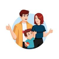 gelukkig familie, pa, mama, zoon tonen duimen omhoog. goedkeuring concept. vlak stijl illustratie in ronde kader vector