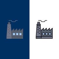 gebouw fabriek bouw industrie pictogrammen vlak en lijn gevulde icoon reeks vector blauw achtergrond