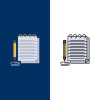 kladblok notitieboekje stootkussen roman pictogrammen vlak en lijn gevulde icoon reeks vector blauw achtergrond