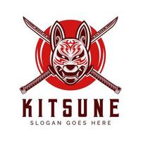 kitsune en kruis katana samurai shuriken hoofd Japan wolf logo modern stijl vector illustratie